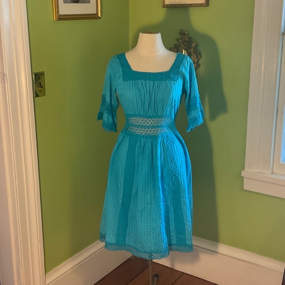 Dresses & Skirts - Vintage 70s turquoise Mexican pintucked dress